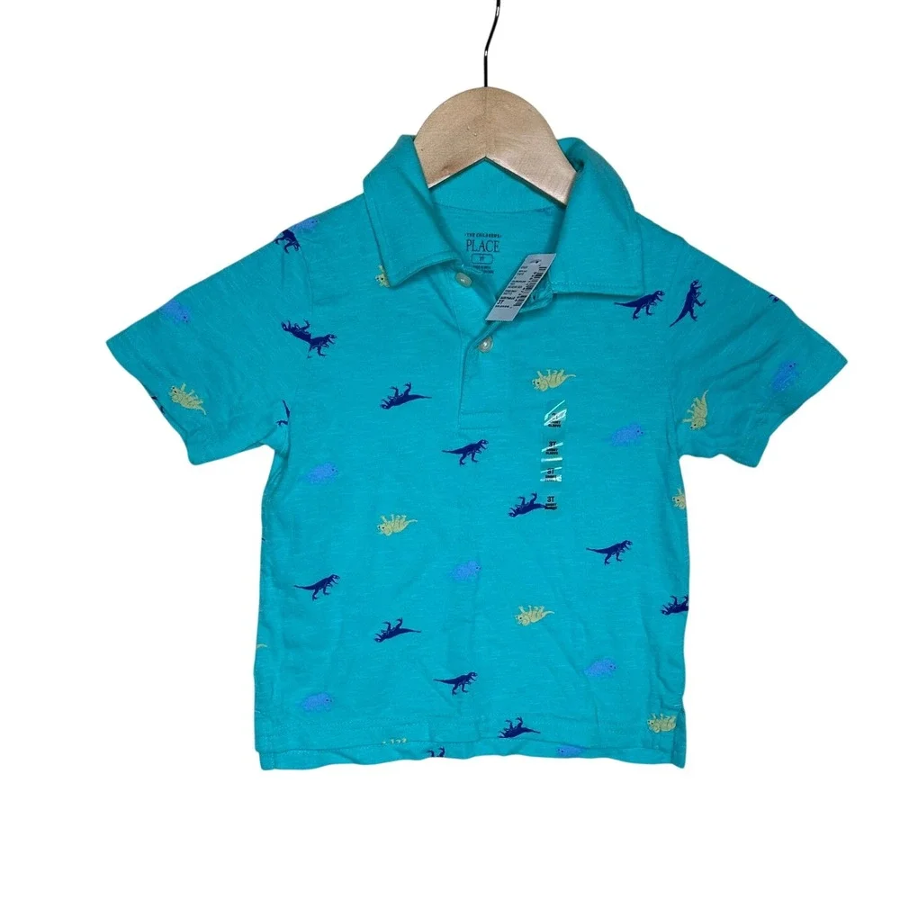 NWT Children's Place Boy's Dinosaur Print Polo Shirt size 3T Blue/Yellow
